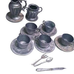 Pewter Miniature Tea Set For 5 Creamer Sugar Cups Saucers Meatal Utensils VTG